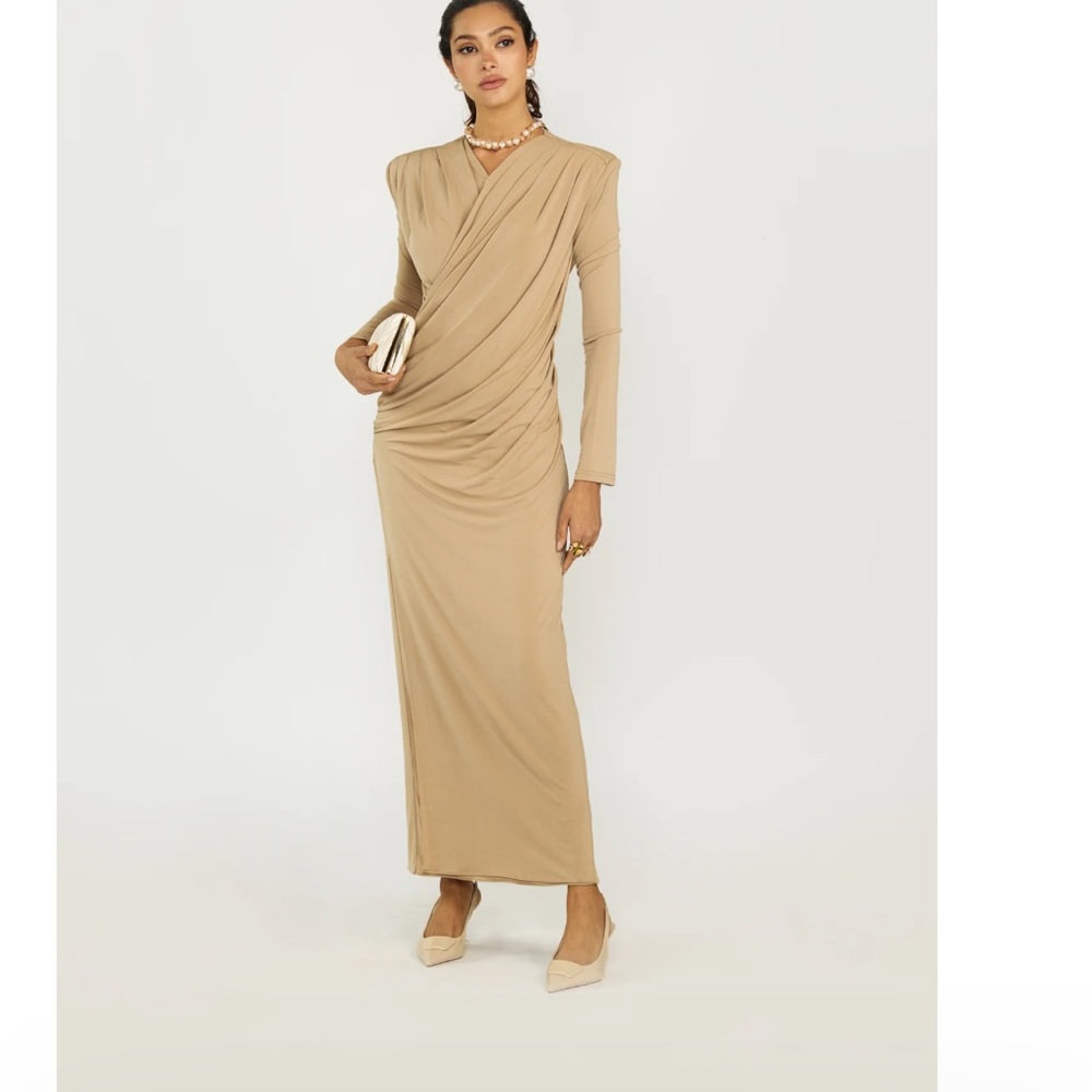 Elegant Tan Draped Maxi Dress